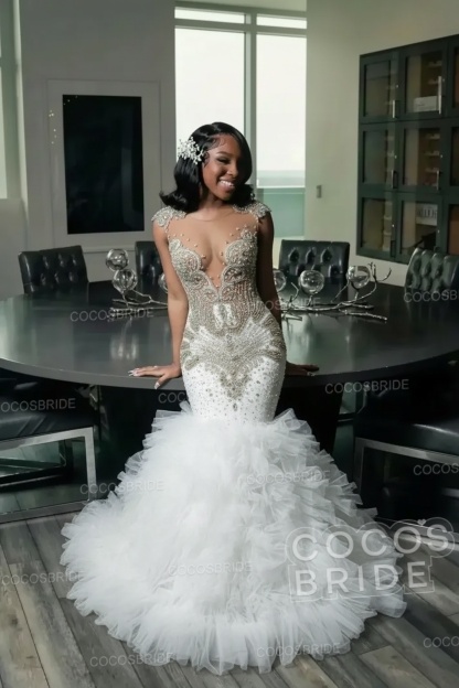 Elegant Long Mermaid Deep V-neck Ruffles Beaded Prom Dress