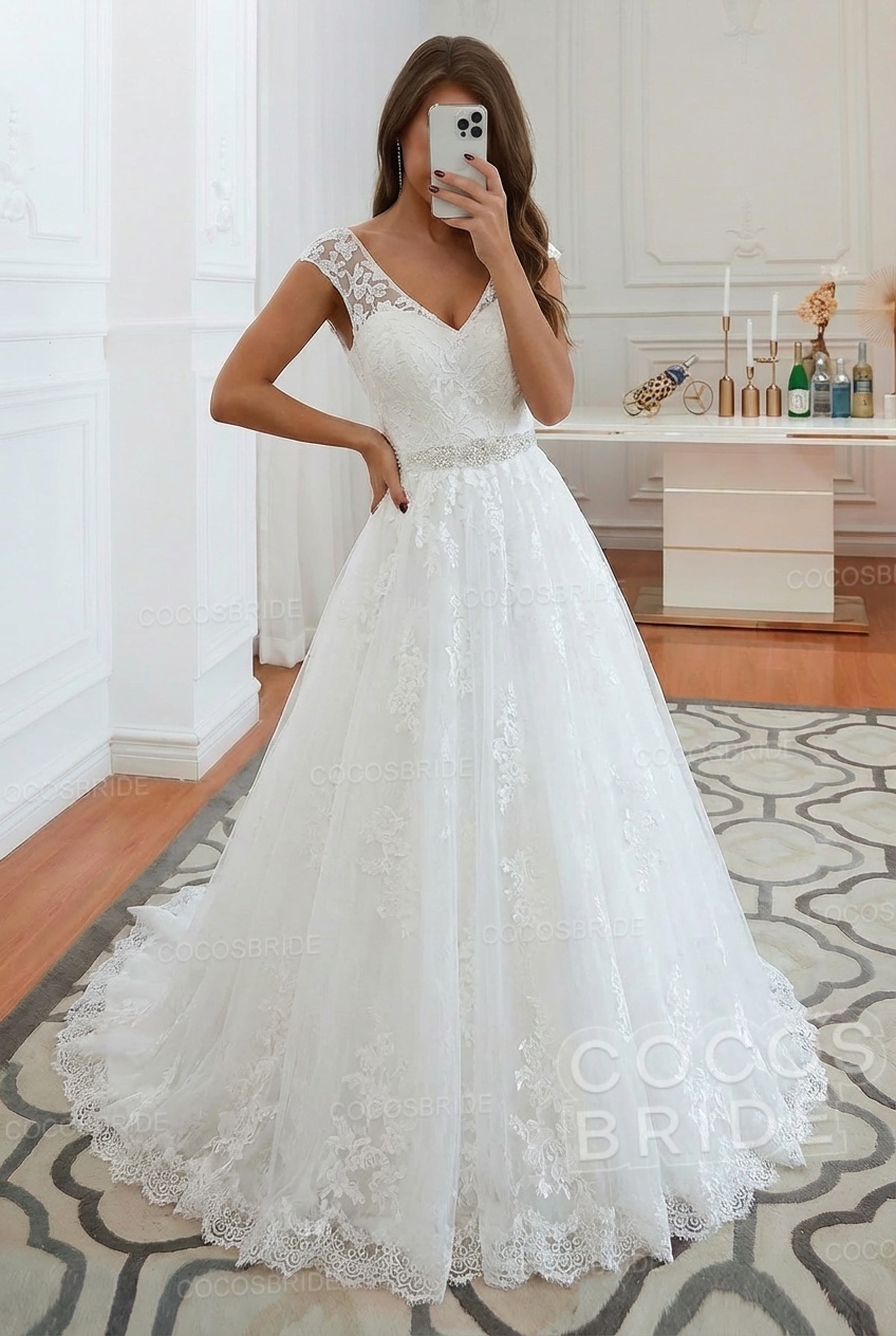 Elegant Long V-neck Lace A-line Wedding Dress
