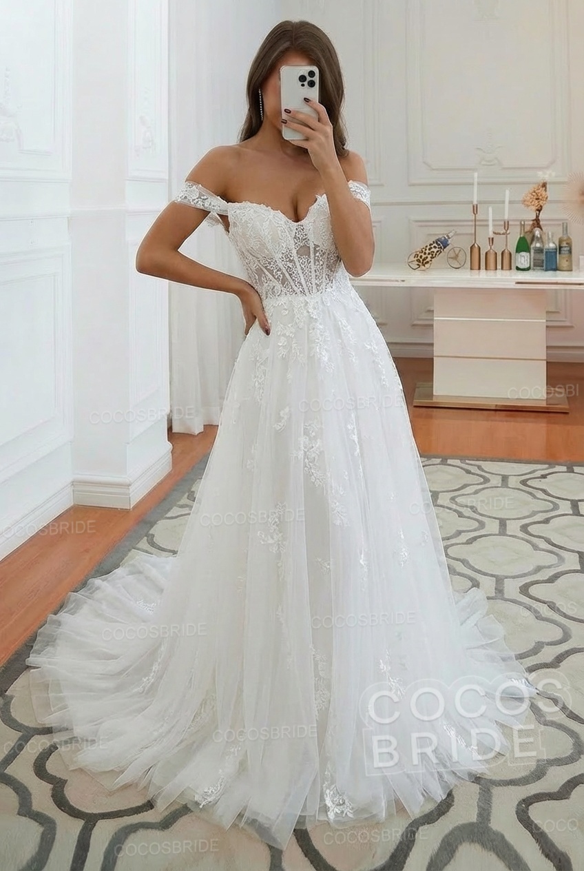 Long A-line Off the Shoulder Tulle Lace Wedding Dress