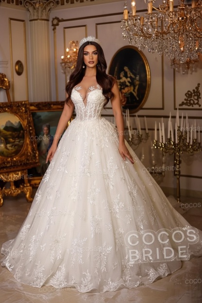 Long A-line Sweetheart Tulle Lace Open Back Wedding Dresses