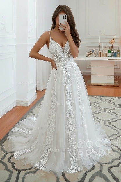 Long A-line Ruffles Open Back Tulle Lace Wedding Dress