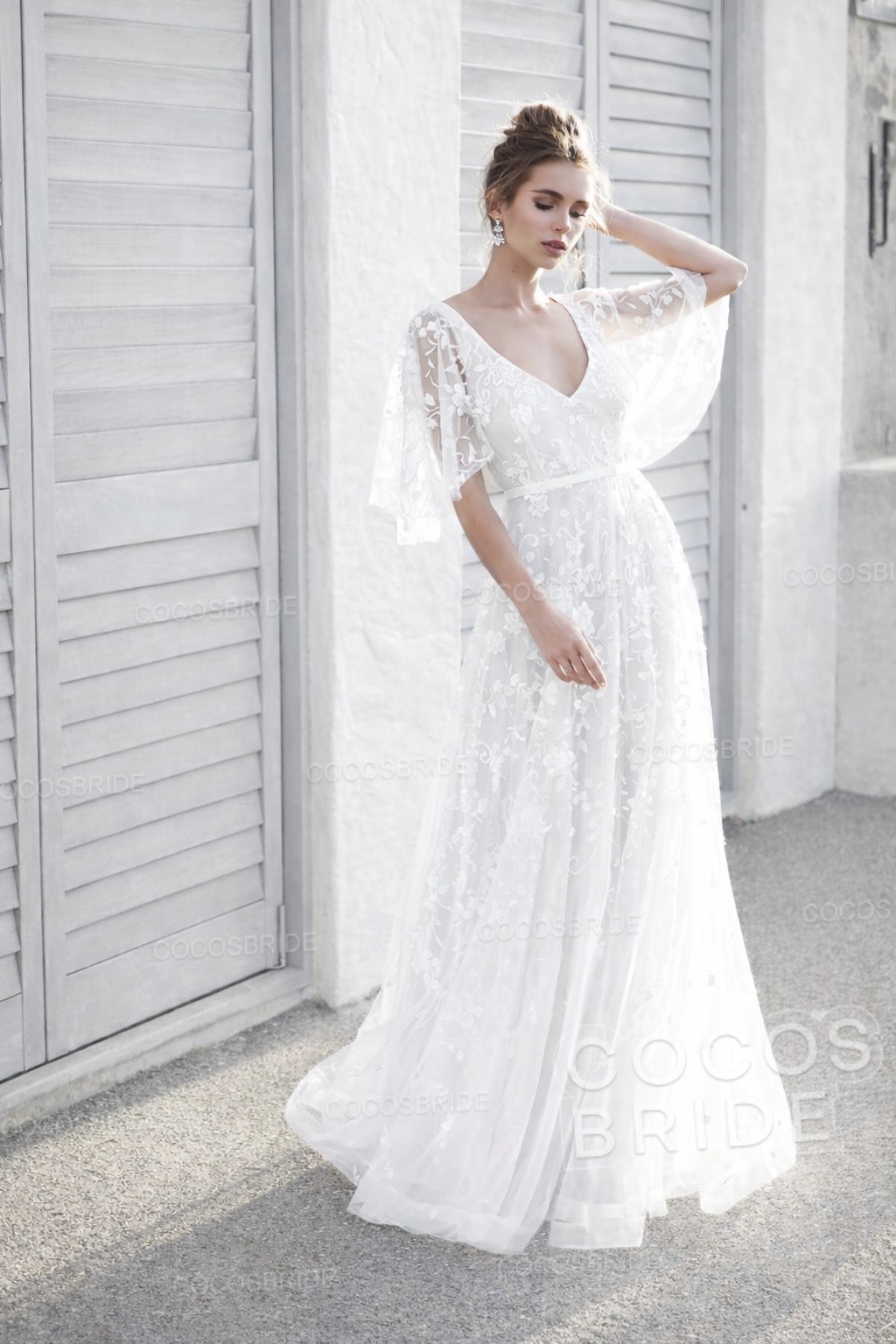 Long A-line V Neck Half Sleeves Lace Backless Boho Wedding Dresses