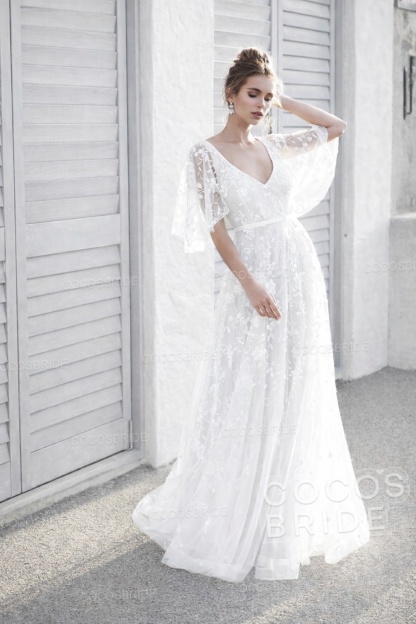 Long A-line V Neck Half Sleeves Lace Backless Boho Wedding Dresses