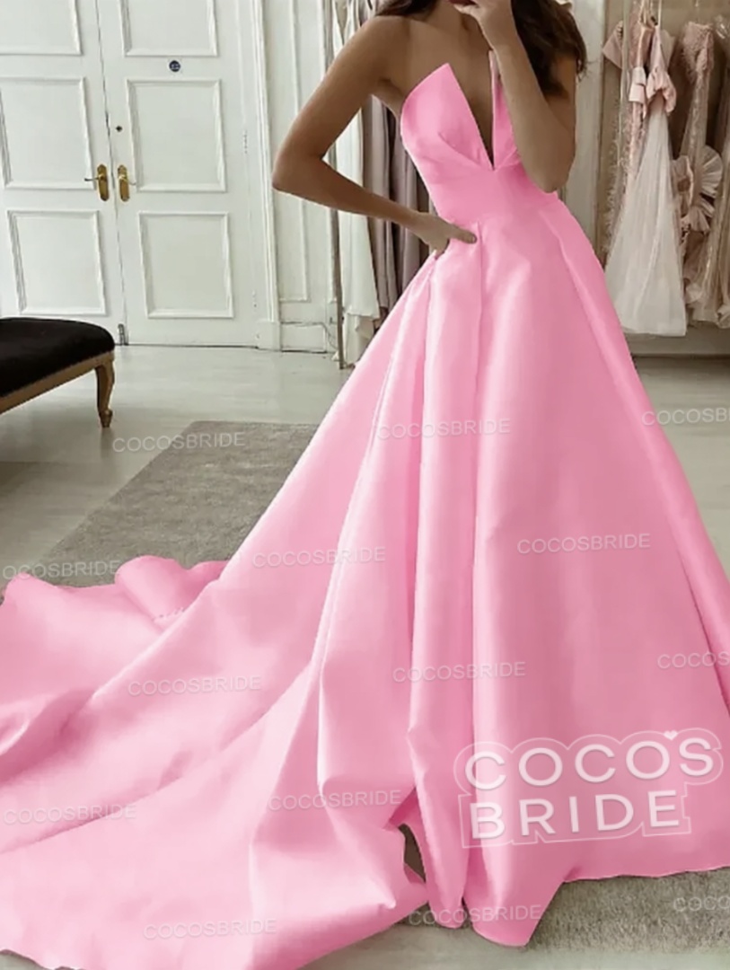 White Long A-line V-neck Satin Sleeveless Wedding Dresses