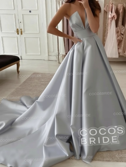 White Long A-line V-neck Satin Sleeveless Wedding Dresses
