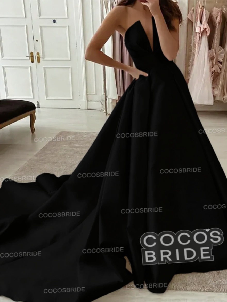 White Long A-line V-neck Satin Sleeveless Wedding Dresses