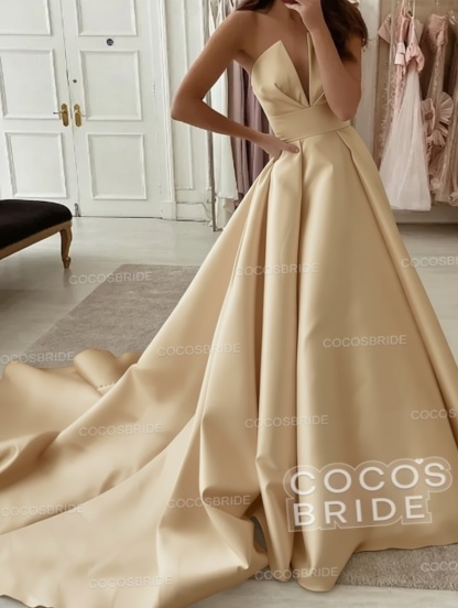 White Long A-line V-neck Satin Sleeveless Wedding Dresses