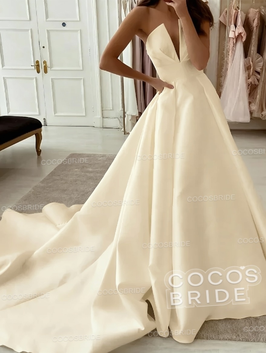 White Long A-line V-neck Satin Sleeveless Wedding Dresses