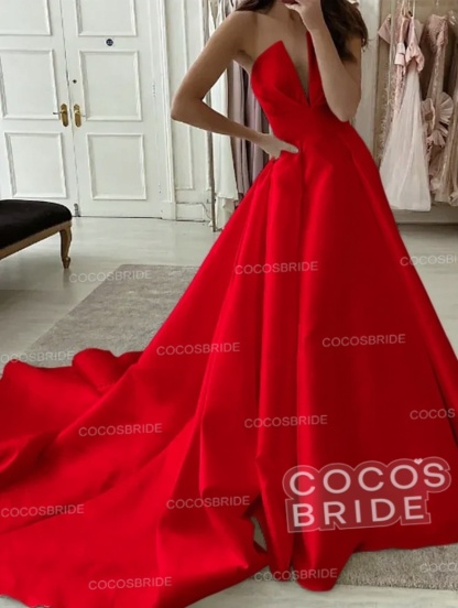 White Long A-line V-neck Satin Sleeveless Wedding Dresses