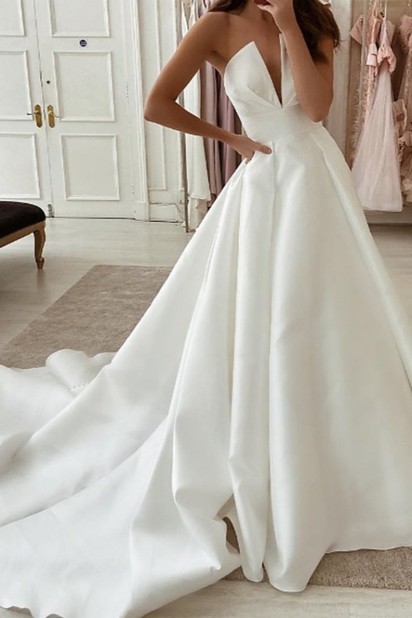 White Long A-line V-neck Satin Sleeveless Wedding Dresses