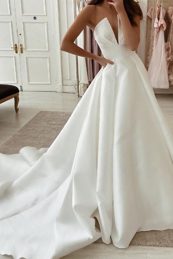 White Long A-line V-neck Satin Sleeveless Wedding Dresses