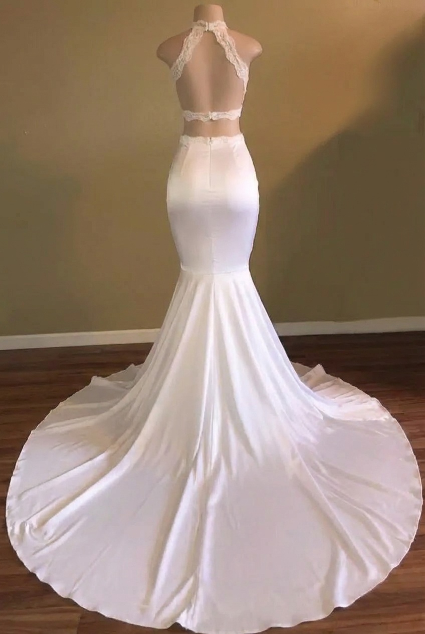 White Long Mermaid High Neck Satin Lace Open Back Prom Dress