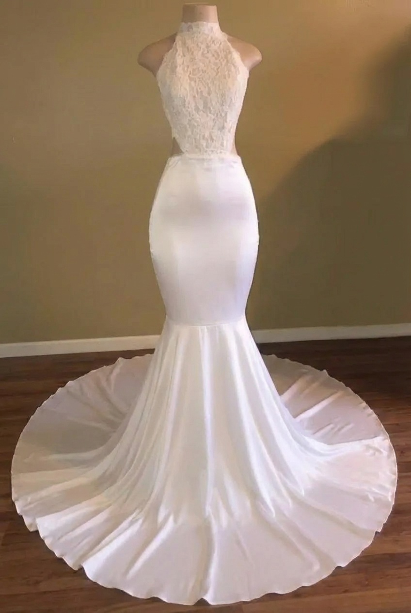 White Long Mermaid High Neck Satin Lace Open Back Prom Dress