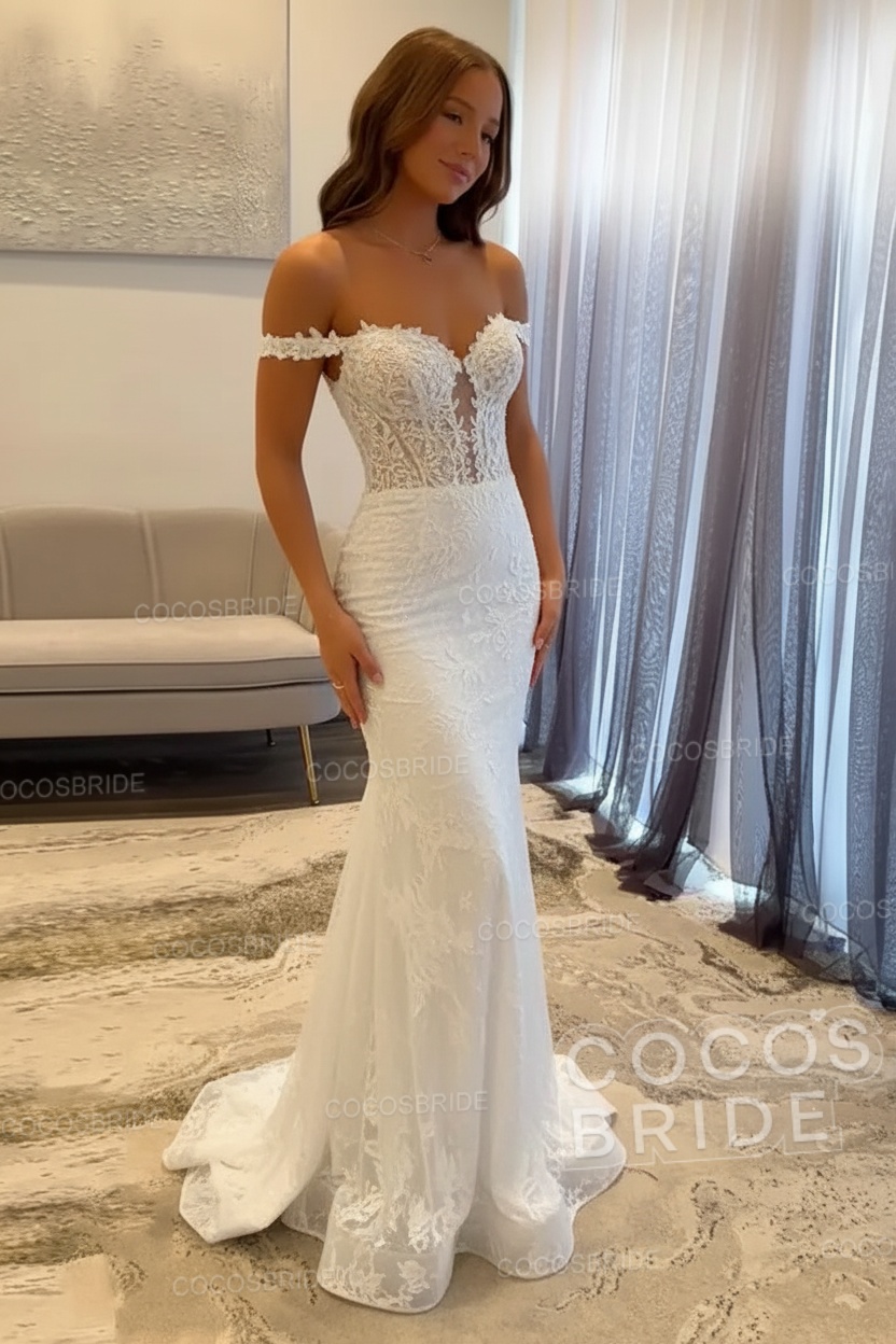 Dark Navy Long Mermaid Off the Shoulder Lace Prom Dress