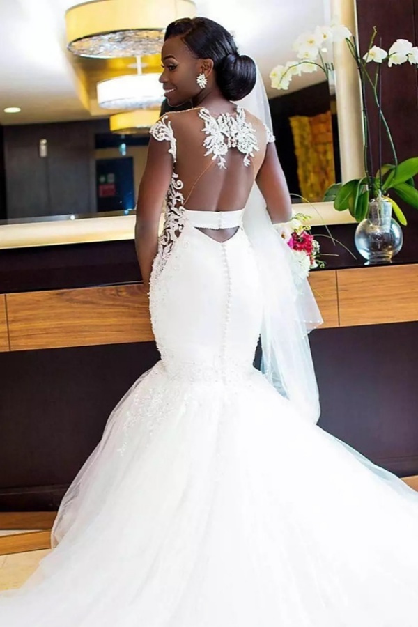 White Long Mermaid Sweetheart Tulle Lace Backless Wedding Dresses