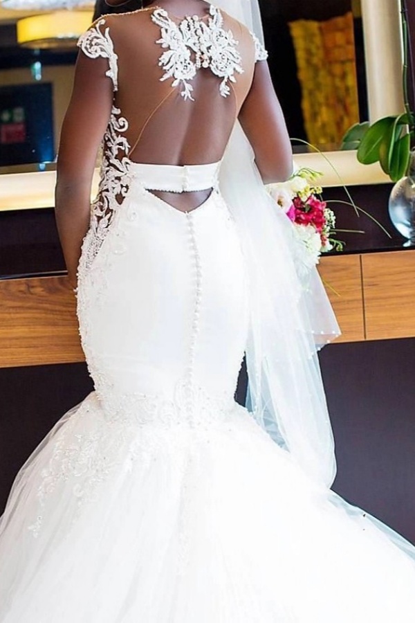 White Long Mermaid Sweetheart Tulle Lace Backless Wedding Dresses