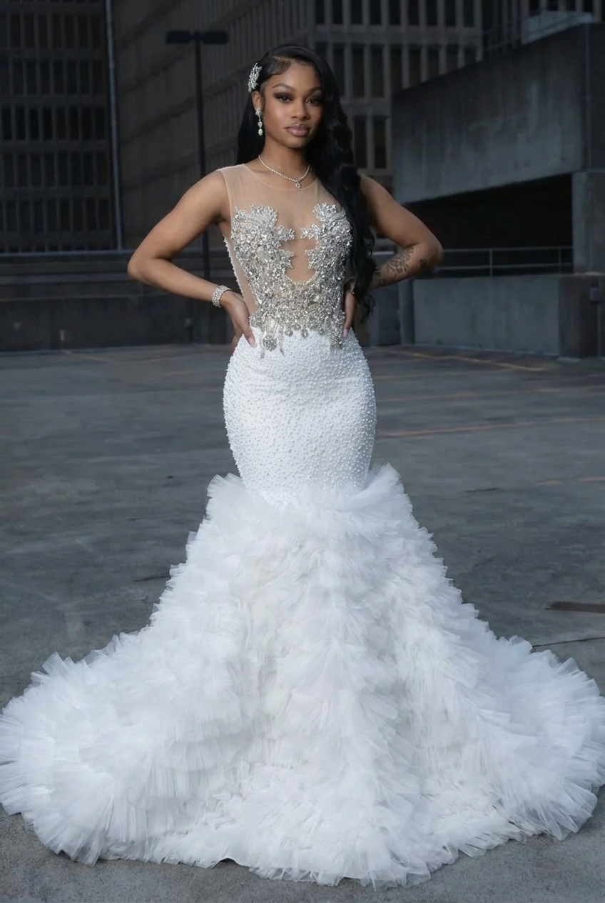 Red Long Mermaid Tulle Beaded Prom Dress