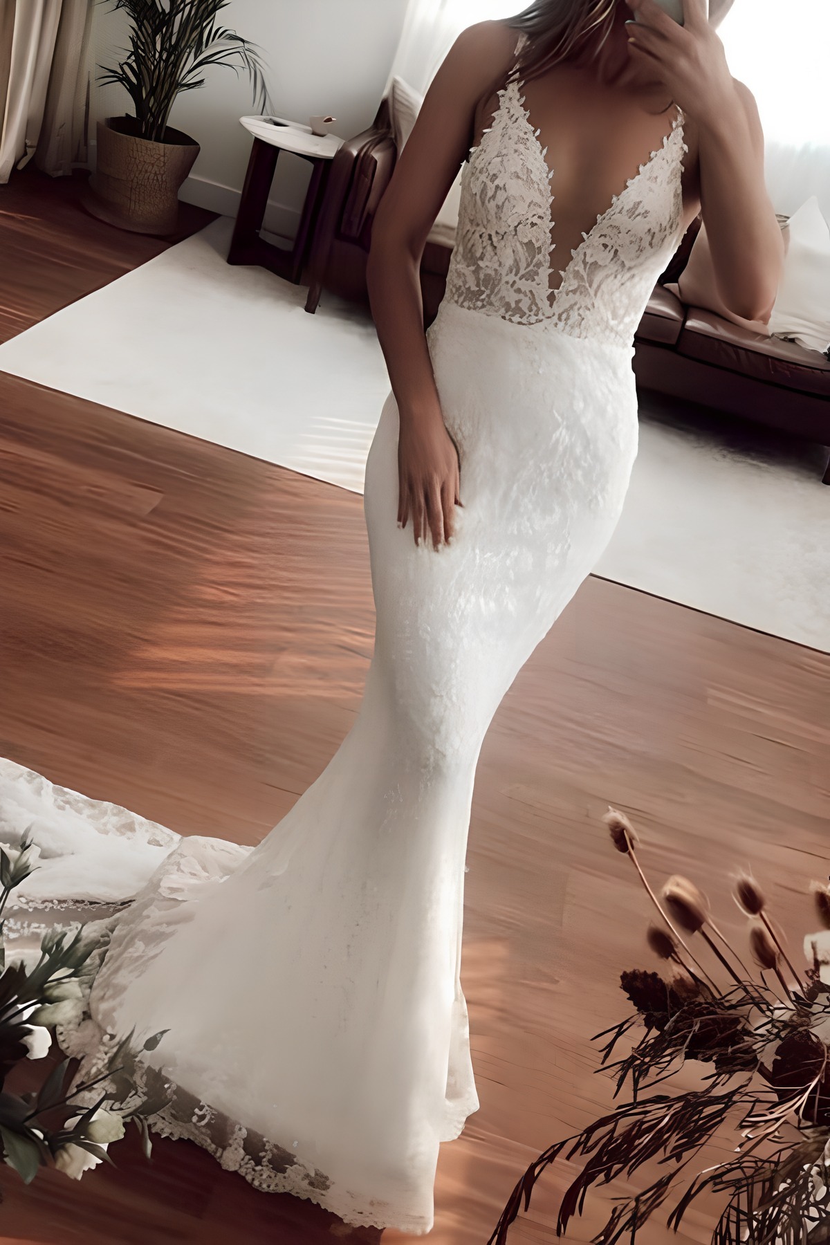White Long Mermaid V-neck Brush Train Lace Tulle Sleeveless Wedding Dresses