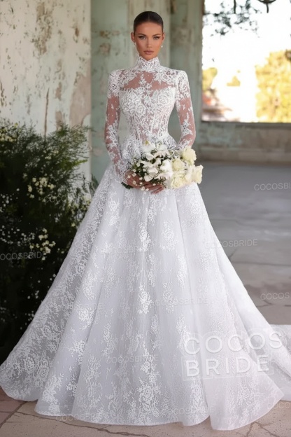 Long Sleeve High Neck A-Line Tulle Wedding Dress with Lace Applique