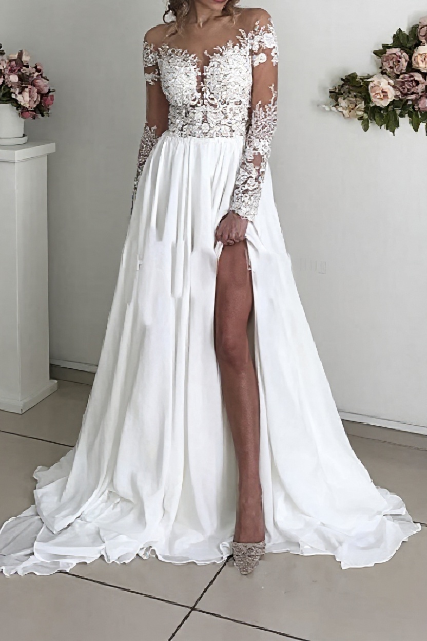 White Long Sleeves A-line Sweetheart Chiffon Lace Wedding Dresses with Slit