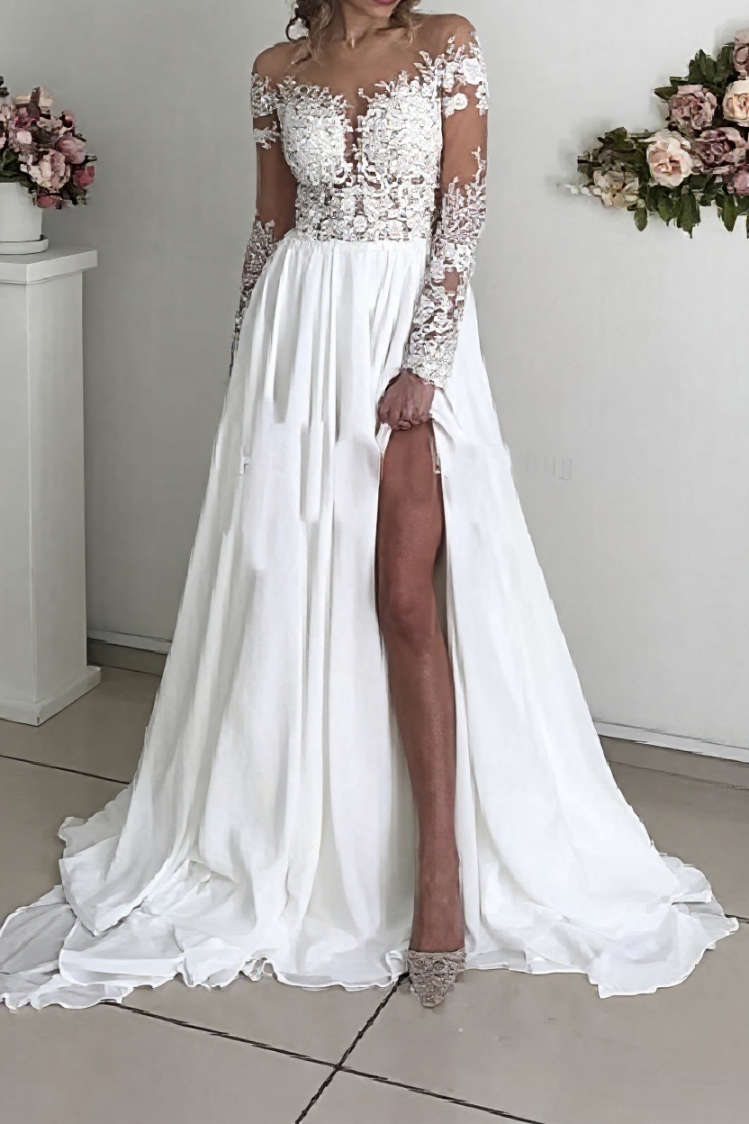 White Long Sleeves A-line Sweetheart Chiffon Lace Wedding Dresses with Slit