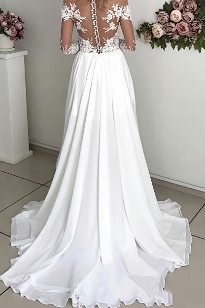 White Long Sleeves A-line Sweetheart Chiffon Lace Wedding Dresses with Slit