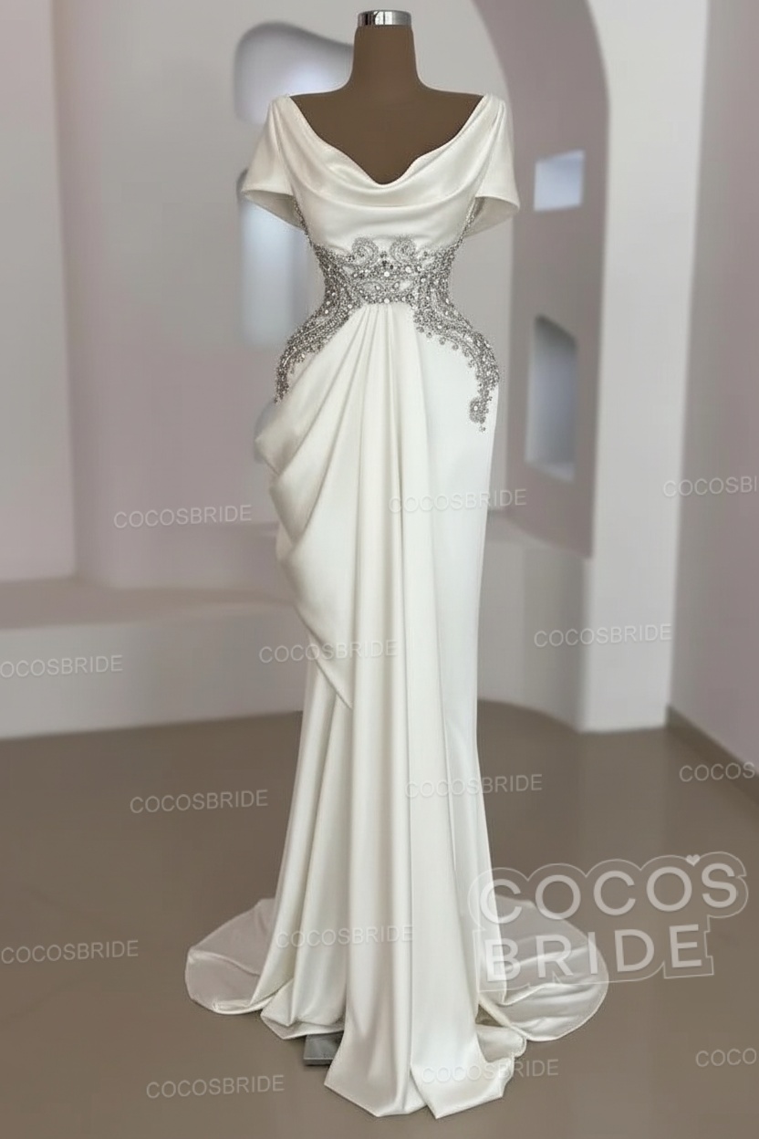 Mermaid Cowl Neck Satin Long Prom Dresses with Short Sleeves