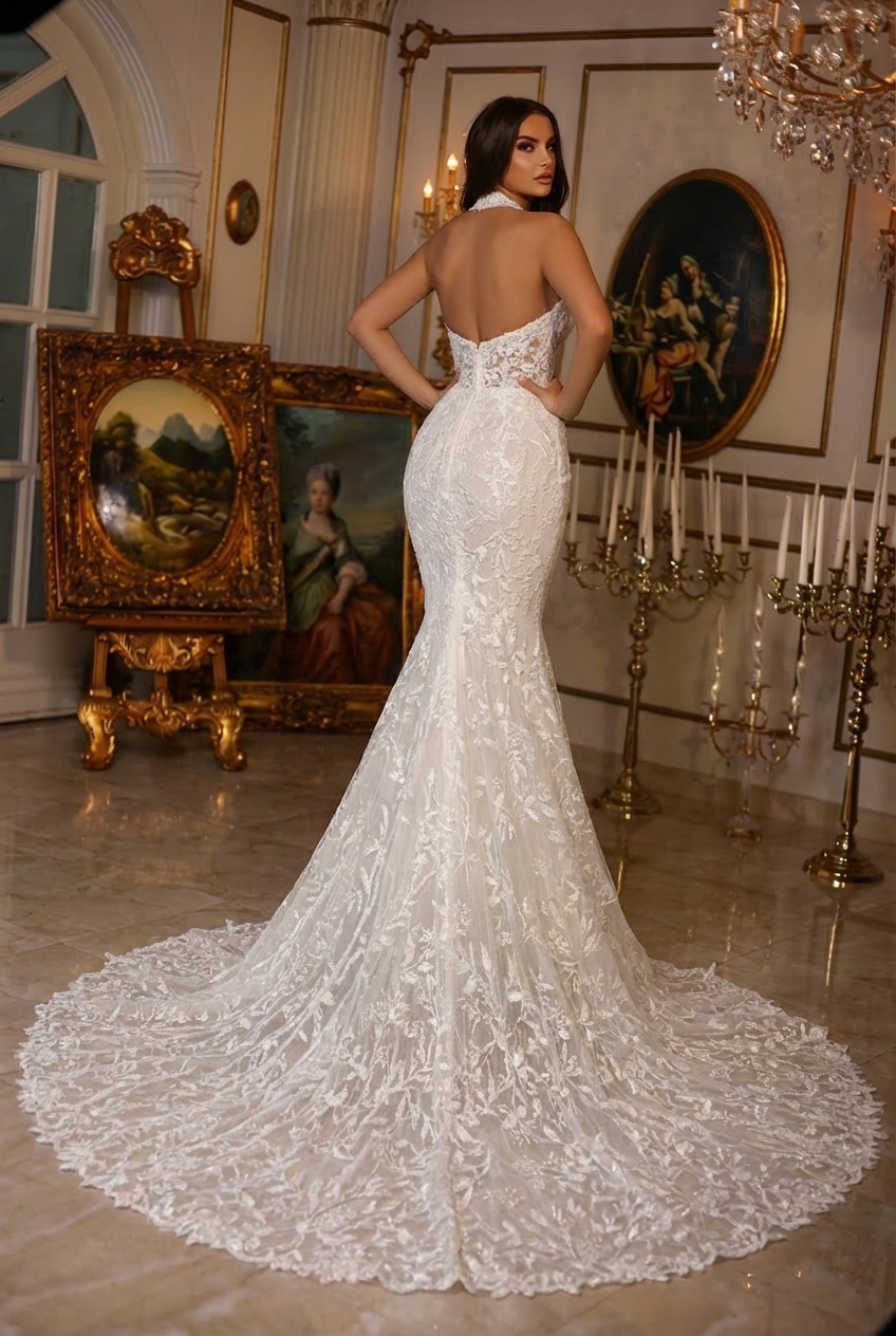 White Mermaid Halter Lace Tulle Sleeveless Long Wedding Dress with Appliques