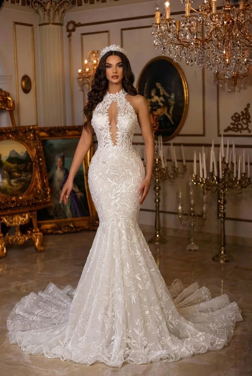 White Mermaid Halter Lace Tulle Sleeveless Long Wedding Dress with Appliques