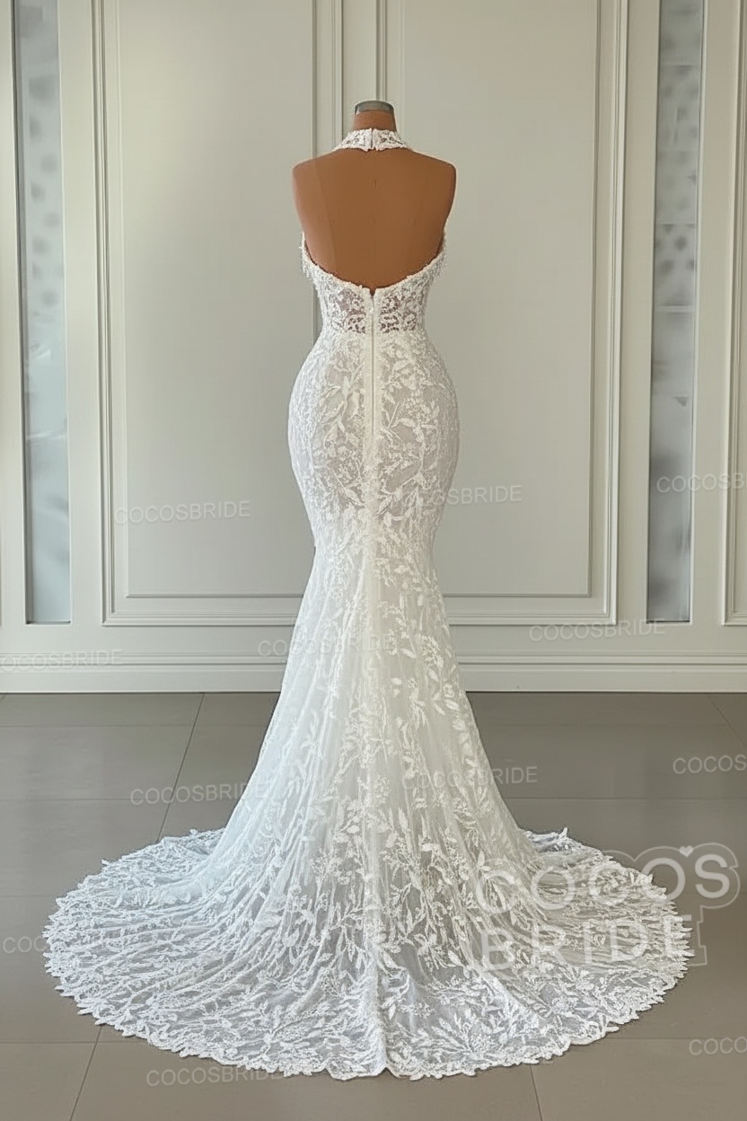 White Mermaid Halter Lace Tulle Sleeveless Long Wedding Dresses with Appliques