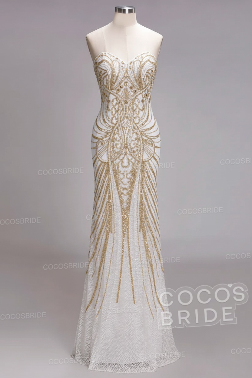 Mermaid Strapless Sweetheart Long Sequined Formal Evening Dresses with Beads