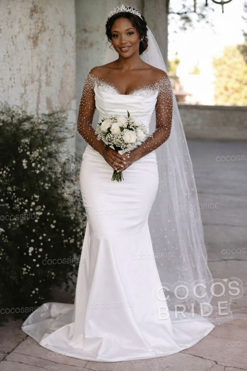 Off-the-Shoulder Long Mermaid Wedding Dresses with Beaded