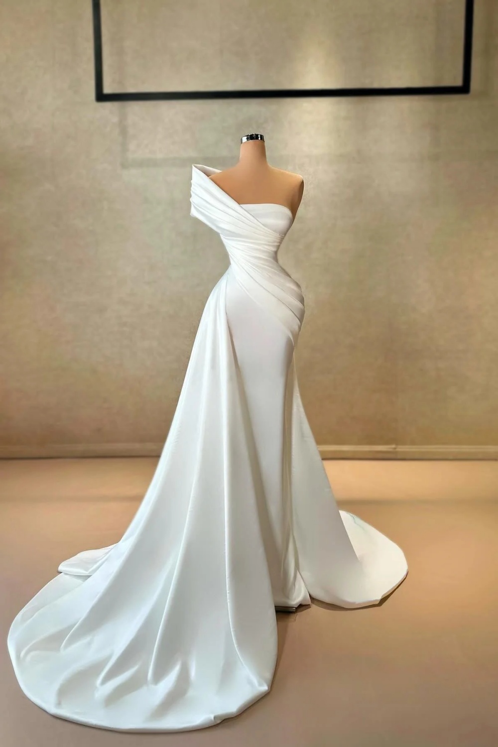  White One Shoulder Ruffles Satin Long Formal Dress