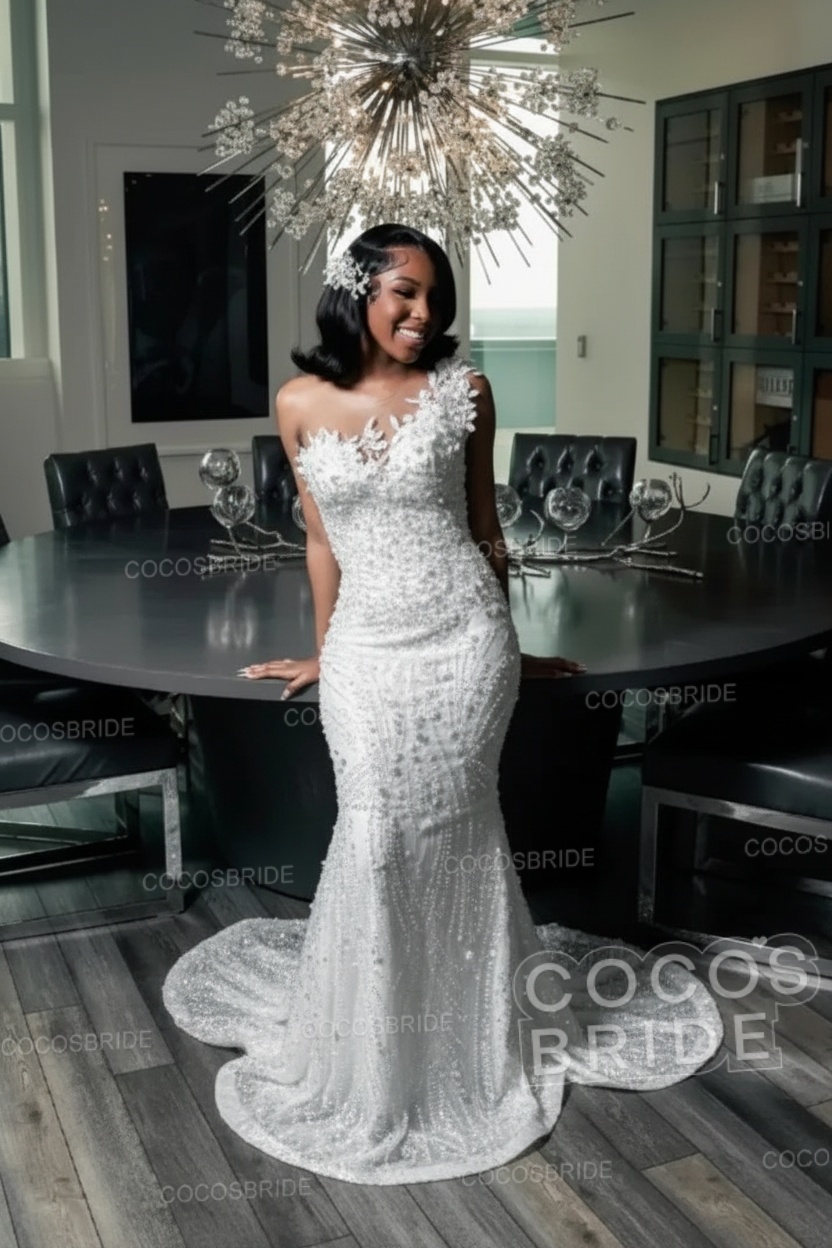 One Shoulder Sleeveless Mermaid Prom Dress with Beaded