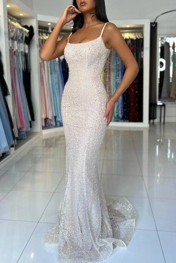 Cocosbride White Spaghetti-Strap Sequined Mermaid Evening Dress