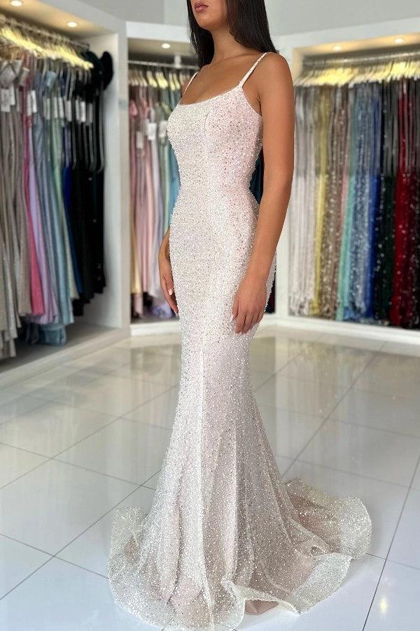 Cocosbride White Spaghetti-Strap Sequined Mermaid Evening Dress