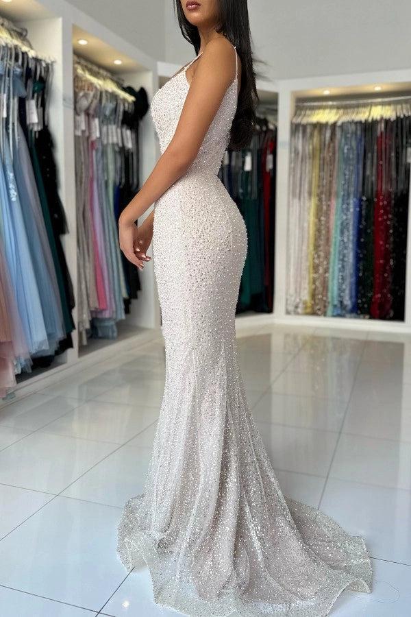 Cocosbride White Spaghetti-Strap Sequined Mermaid Evening Dress