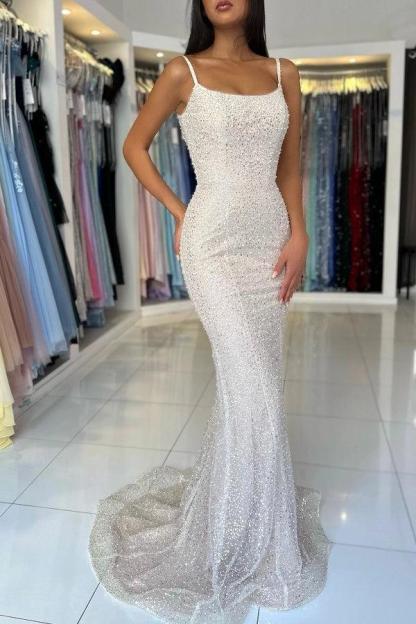 Cocosbride White Spaghetti-Strap Sequined Mermaid Evening Dress