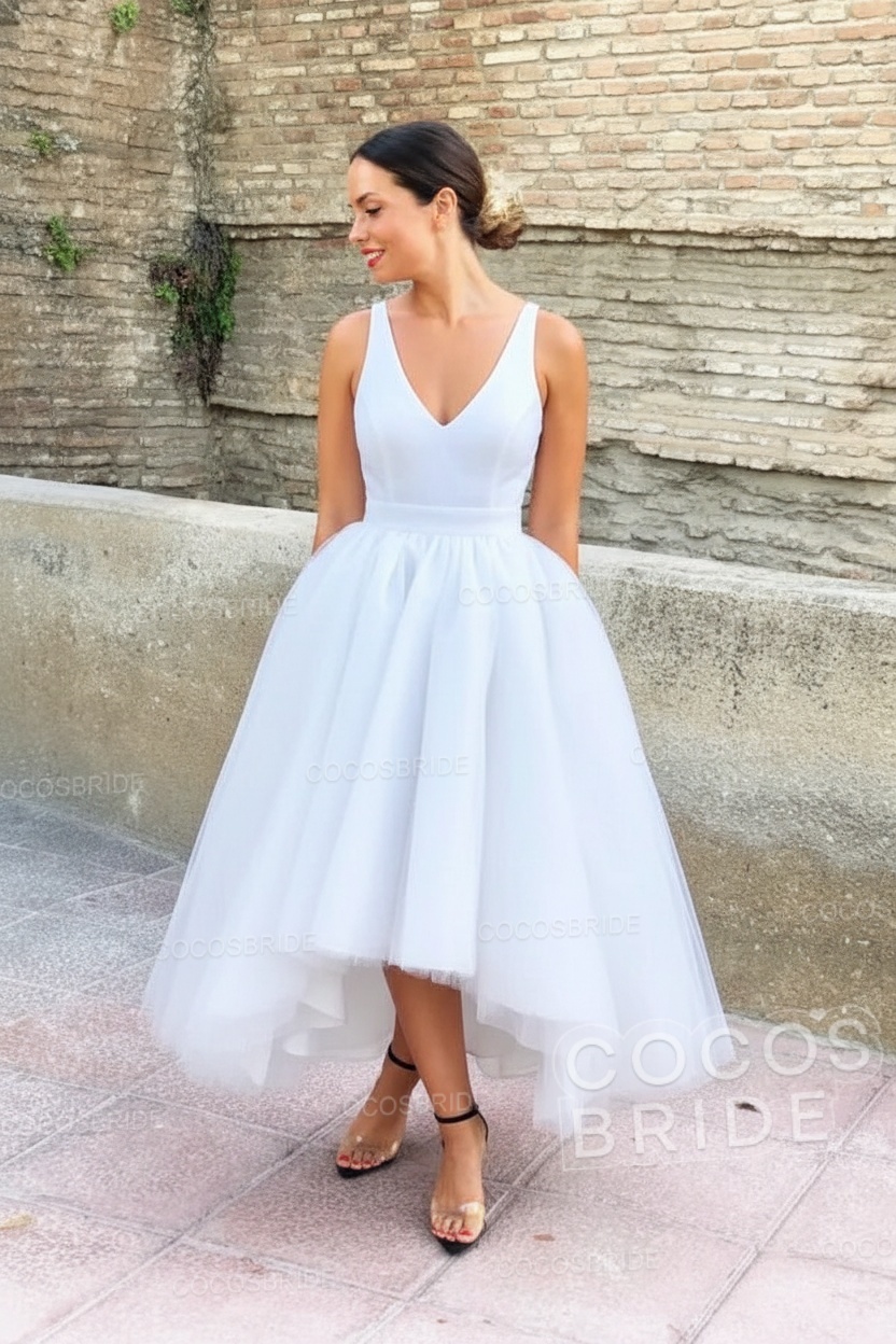 Simple Black V-neck Sleeveless Asymmetrical A-Line Prom Dresses