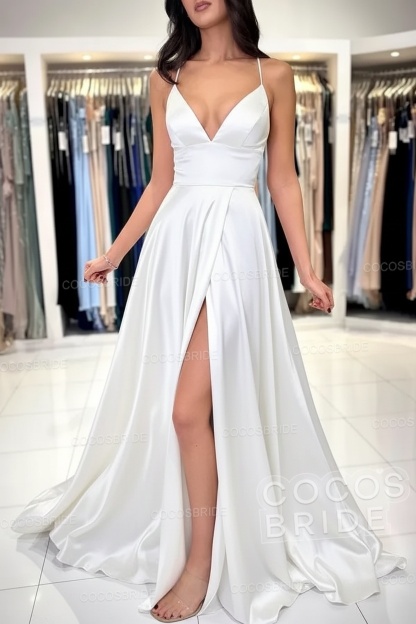Simple Long A-line V-neck Satin Backless Formal Prom Dresses with Slit