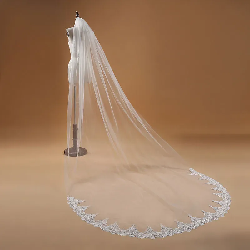 White Wedding Veil Long Bridal Veil with Lace