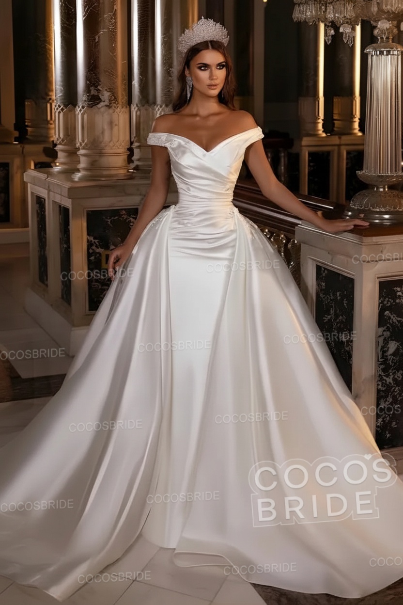 Gorgeous Long Mermaid Off the Shoulder Satin Wedding Dress