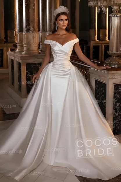 Gorgeous Long Mermaid Off the Shoulder Satin Wedding Dress