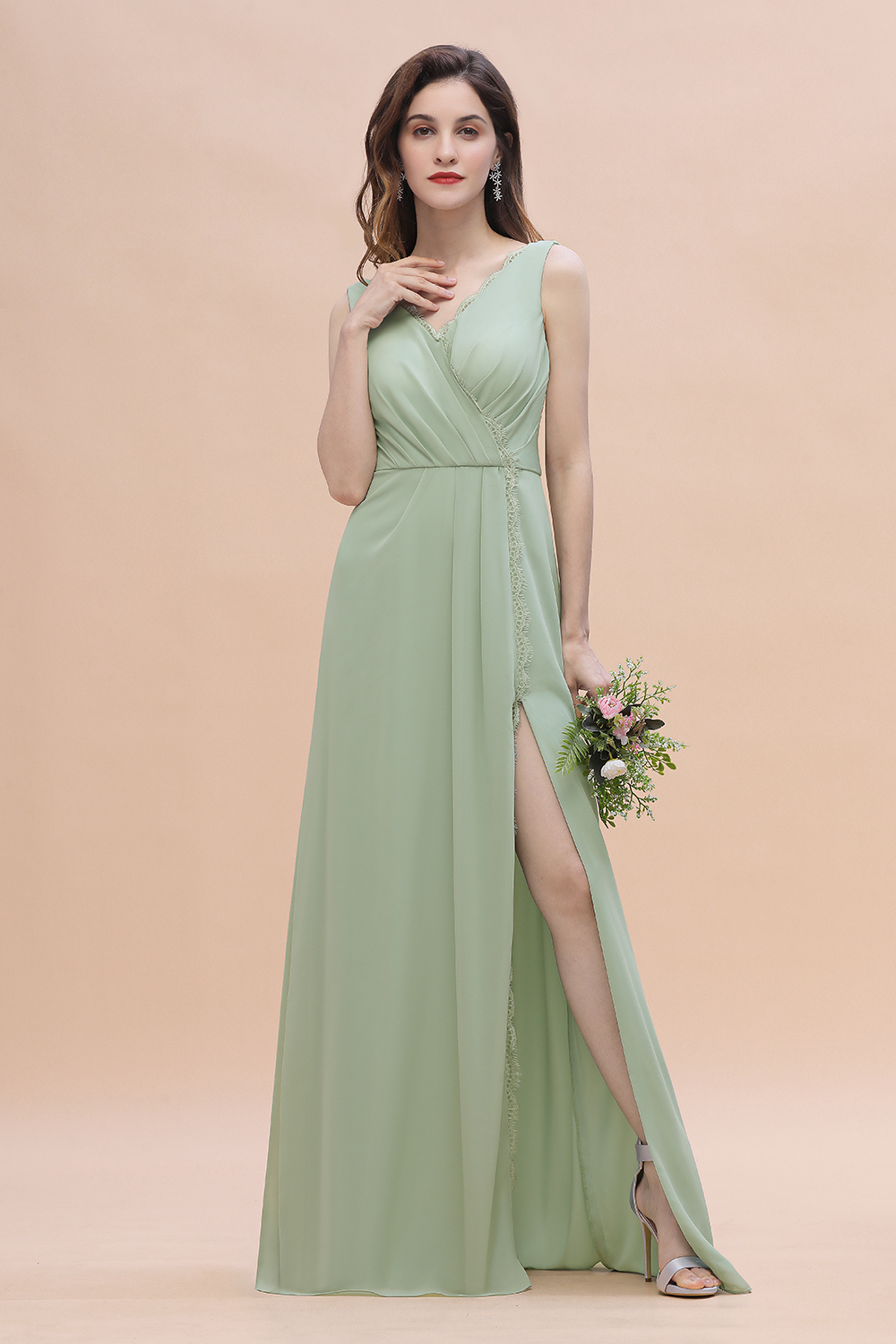 Wide Straps V-Neck Ruffles Chiffon Beach A-Line Bridesmaid Dress With Side Slit