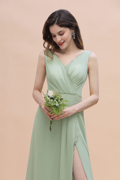 Wide Straps V-Neck Ruffles Chiffon Beach A-Line Bridesmaid Dress With Side Slit