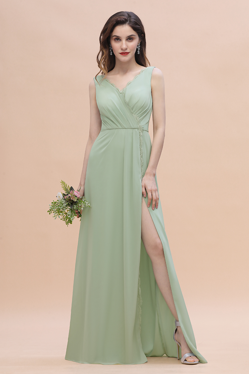 Wide Straps V-Neck Ruffles Chiffon Beach A-Line Bridesmaid Dress With Side Slit