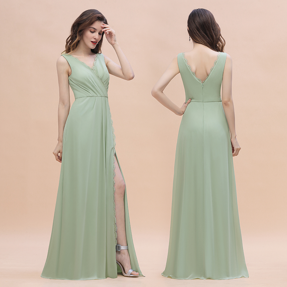 Wide Straps V-Neck Ruffles Chiffon Beach A-Line Bridesmaid Dress With Side Slit