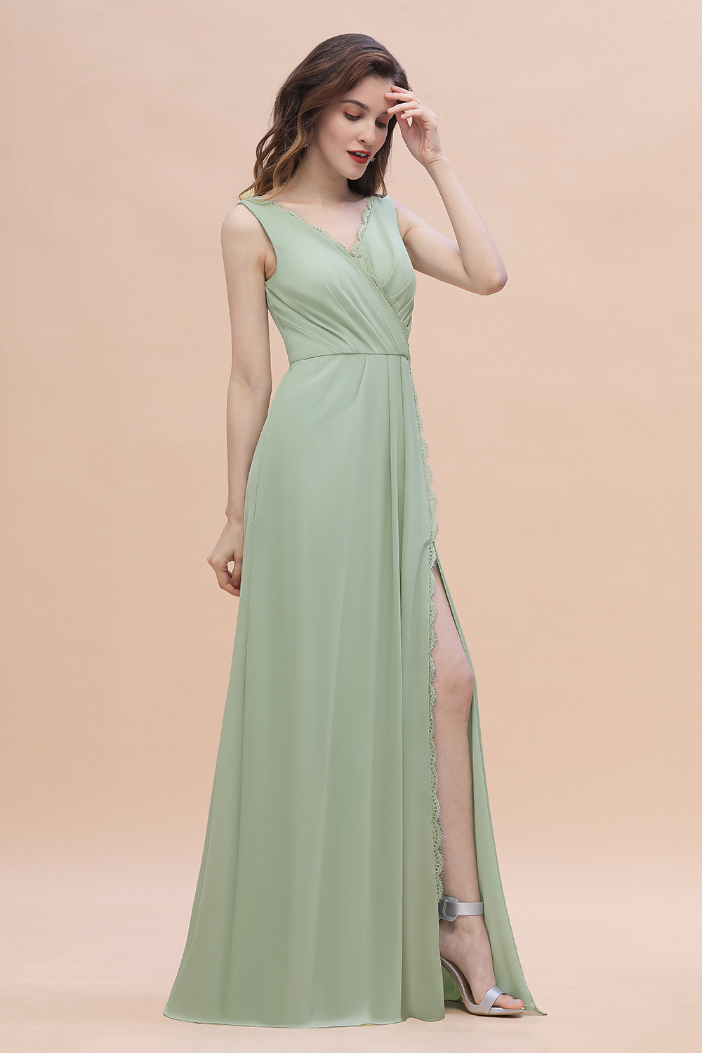 Wide Straps V-Neck Ruffles Chiffon Beach A-Line Bridesmaid Dress With Side Slit