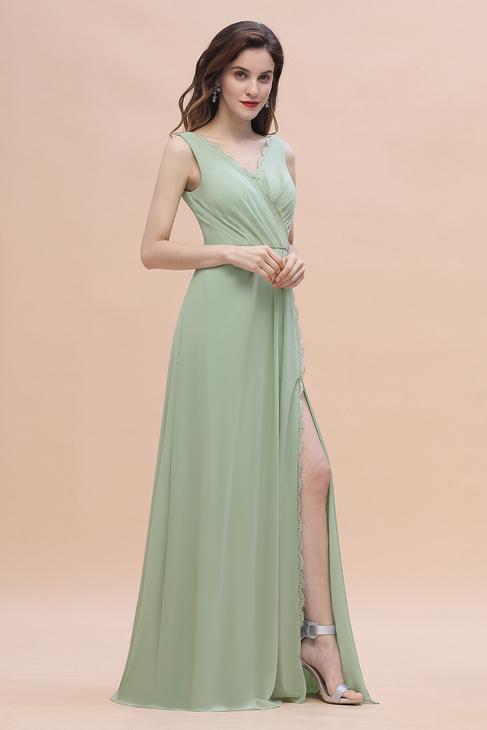 Wide Straps V-Neck Ruffles Chiffon Beach A-Line Bridesmaid Dress With Side Slit