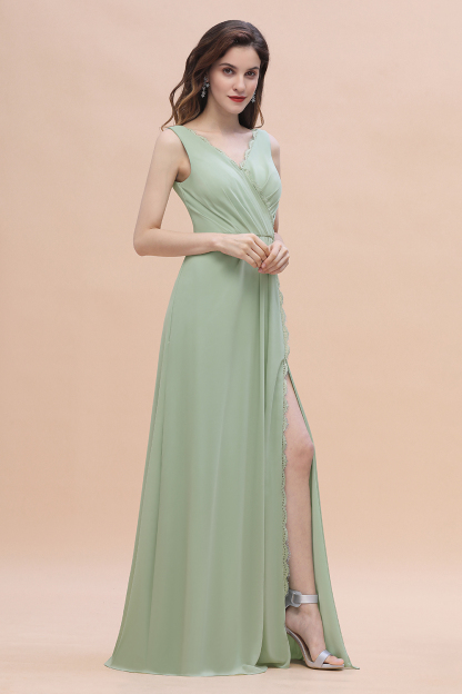 Wide Straps V-Neck Ruffles Chiffon Beach A-Line Bridesmaid Dress With Side Slit